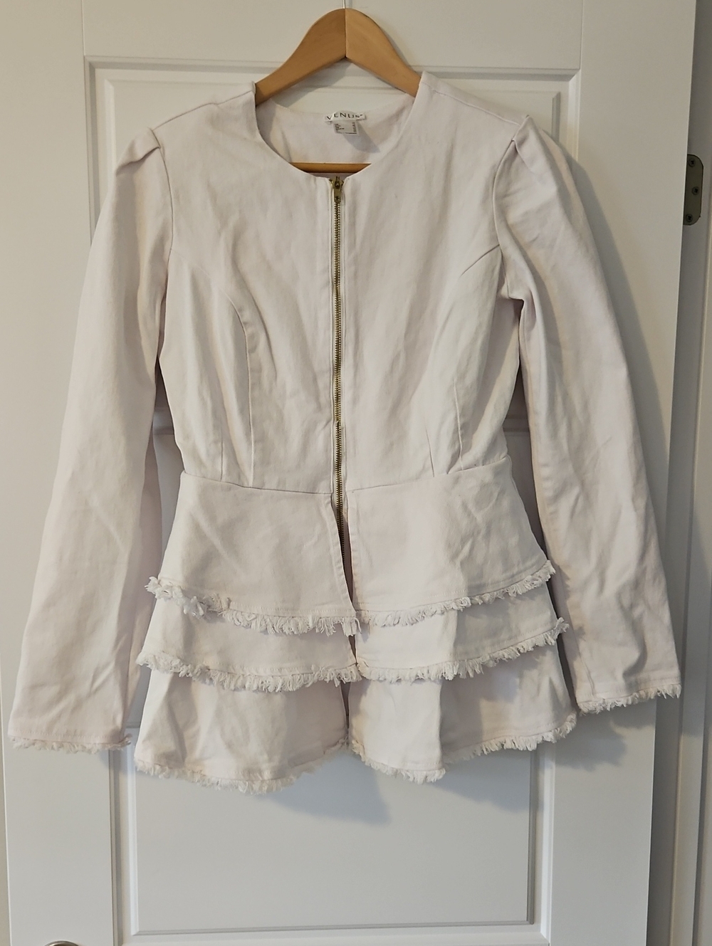 VENUS White Frayed Tiered Peplum Jean Jacket w Gold Zipper & Black Back Detail